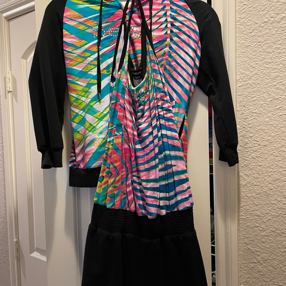 Bebe bejeweled romper and matching jacket hoodie. Medium, sold as set.